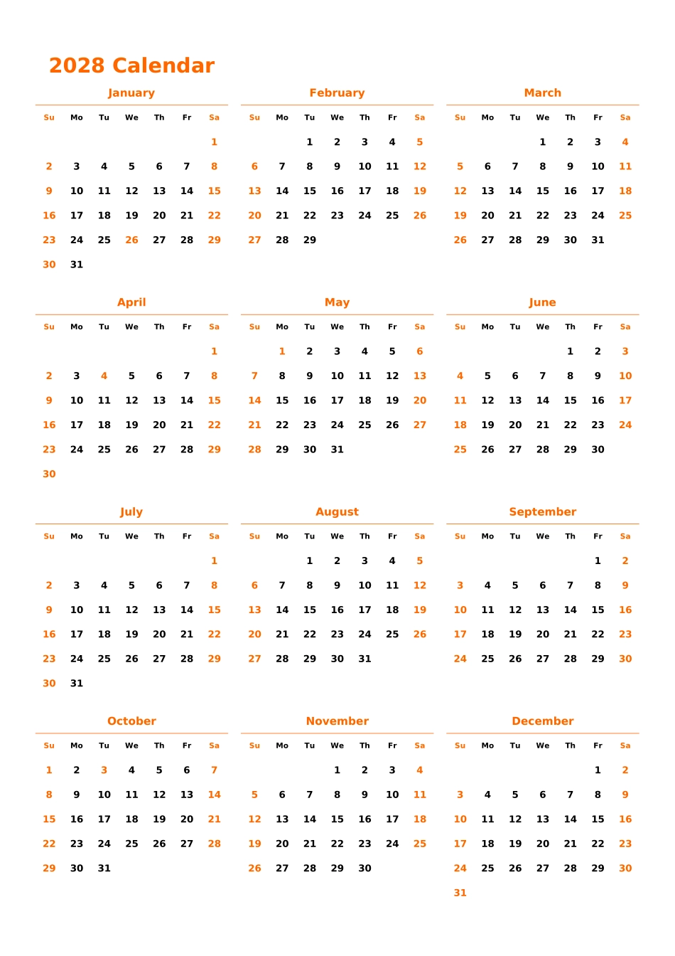 日历表2028年日历英文版纵向排版周日开始带节假日调休安排.xlsx_第1页