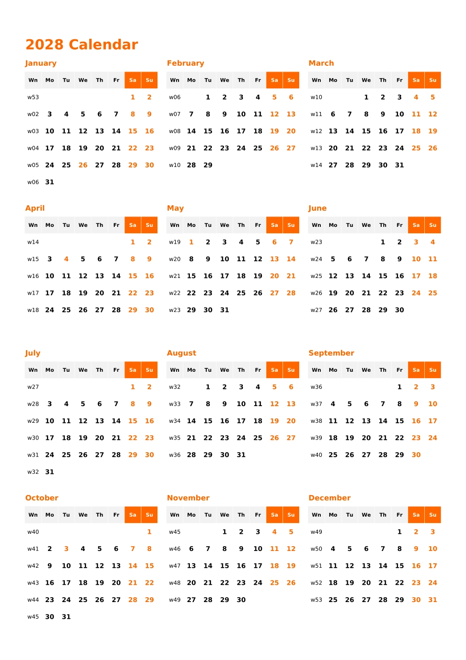 日历表2028年日历英文版纵向排版周一开始带周数带节假日调休安排1.xlsx_第1页