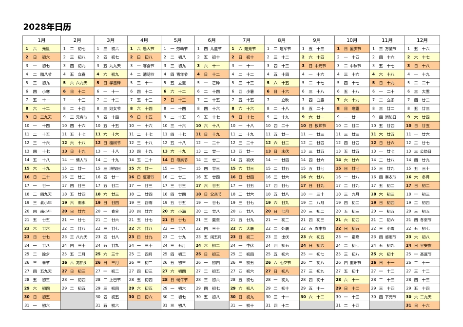日历表2028年日历中文版带农历1.xlsx_第1页