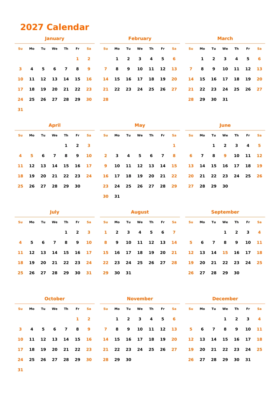 日历表2027年日历英文版纵向排版周日开始带节假日调休安排.xlsx_第1页