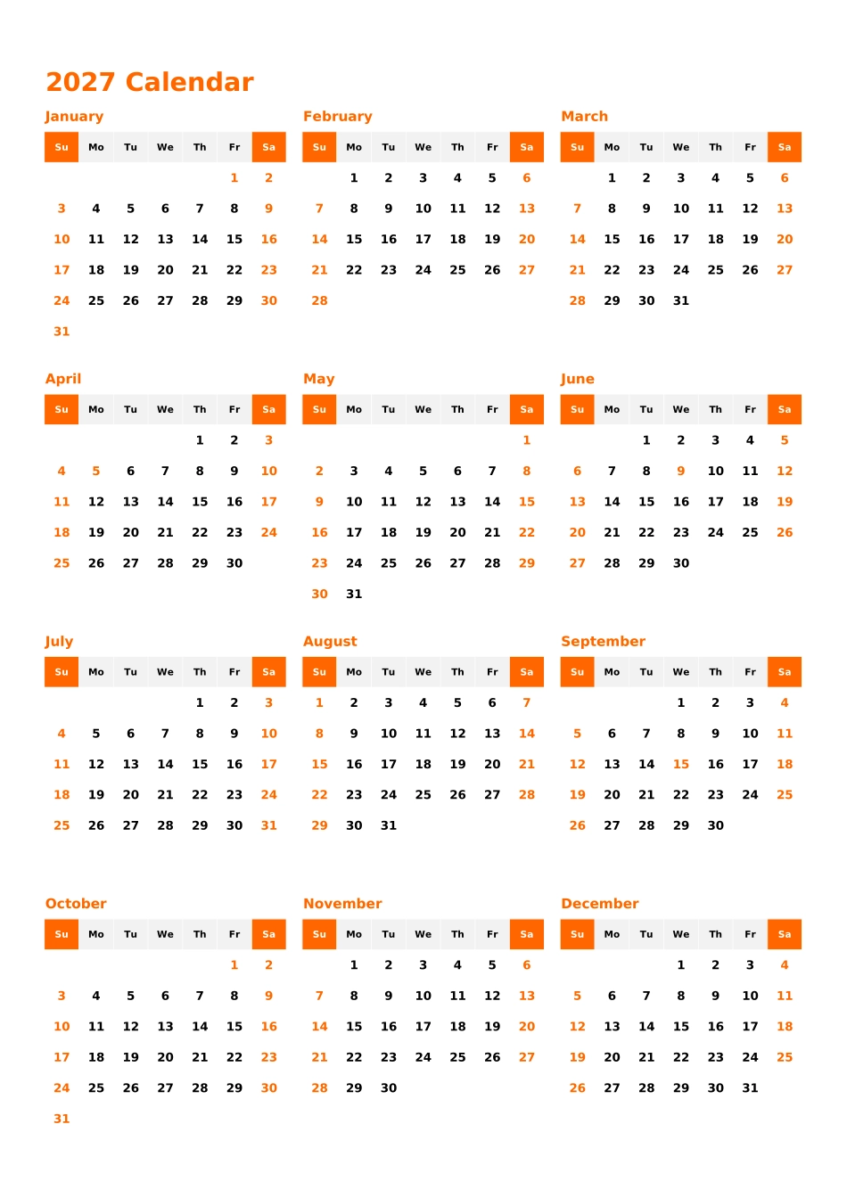 日历表2027年日历英文版纵向排版周日开始带节假日调休安排1.xlsx_第1页
