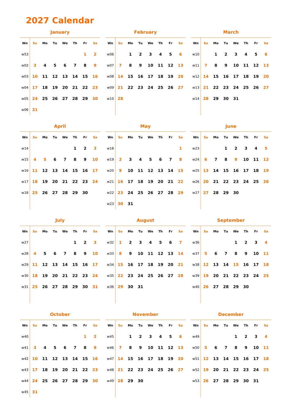 日历表2027年日历英文版纵向排版周日开始带周数带节假日调休安排.xlsx_第1页