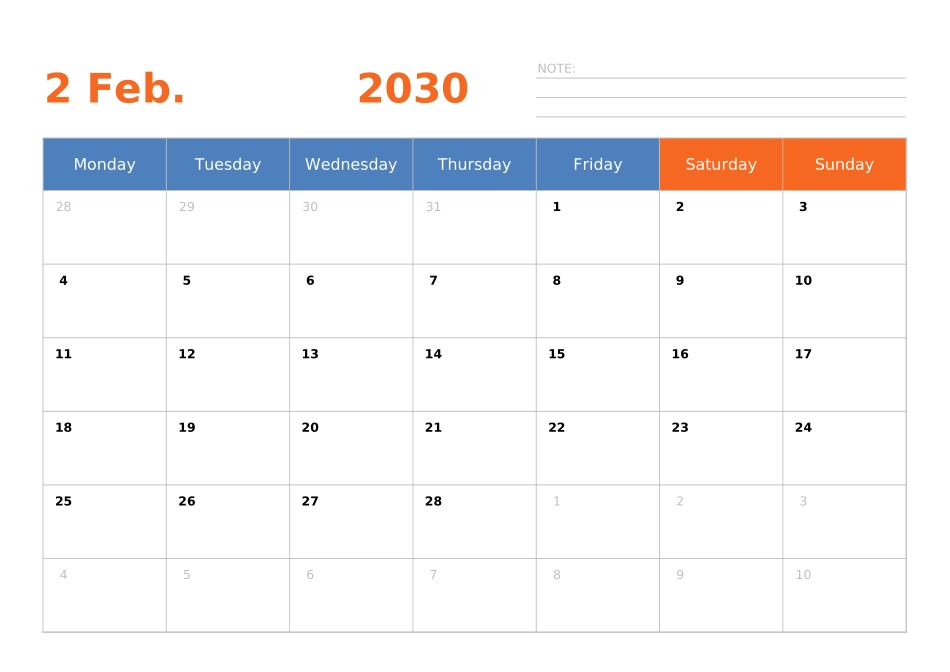 日历表2030年日历英文版横向排版周一开始.xlsx_第2页