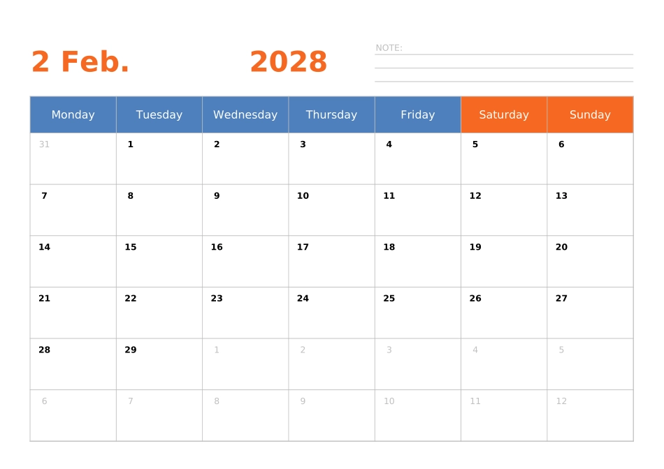 日历表2028年日历英文版横向排版周一开始.xlsx_第2页