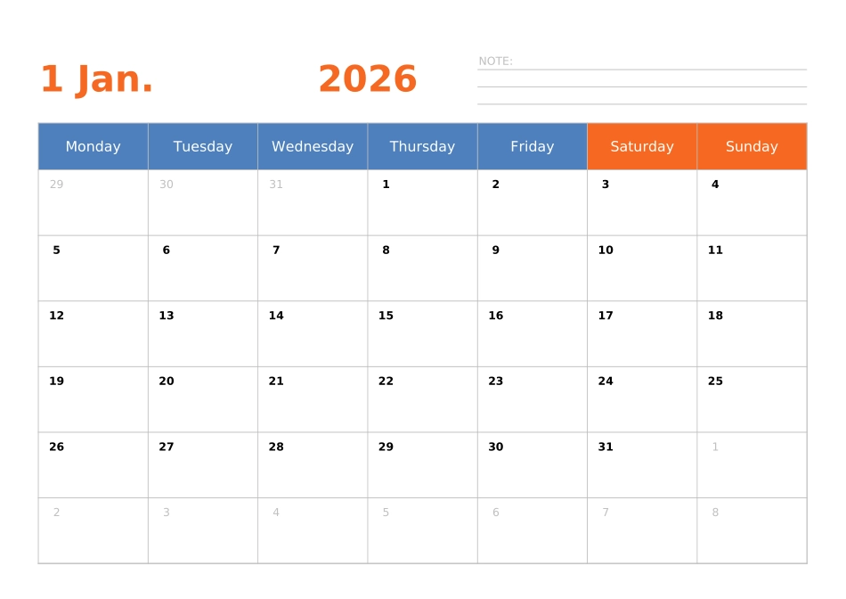 日历表2026年日历英文版横向排版周一开始.xlsx_第1页