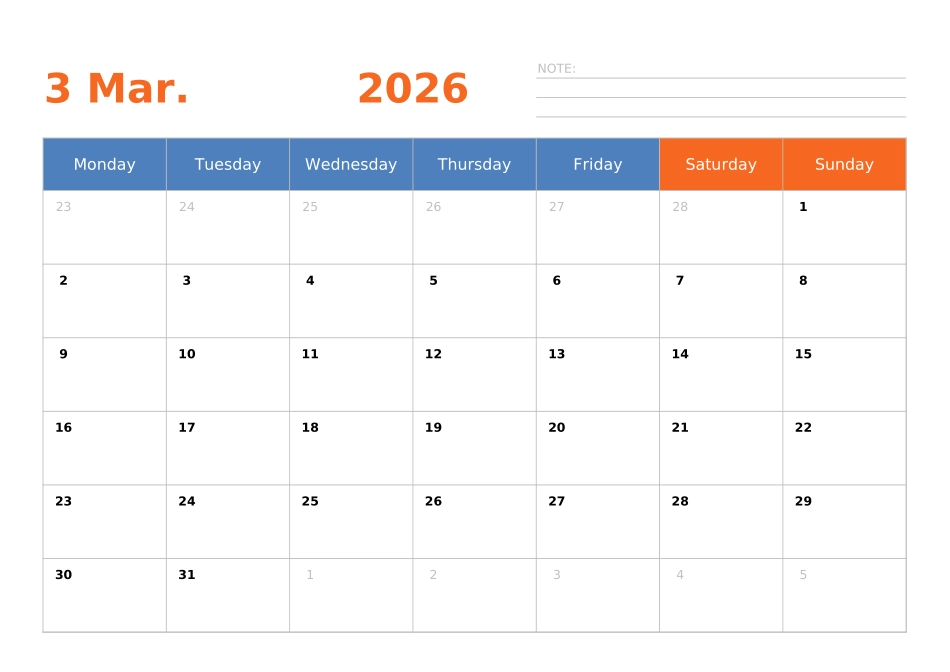 日历表2026年日历英文版横向排版周一开始.xlsx_第3页