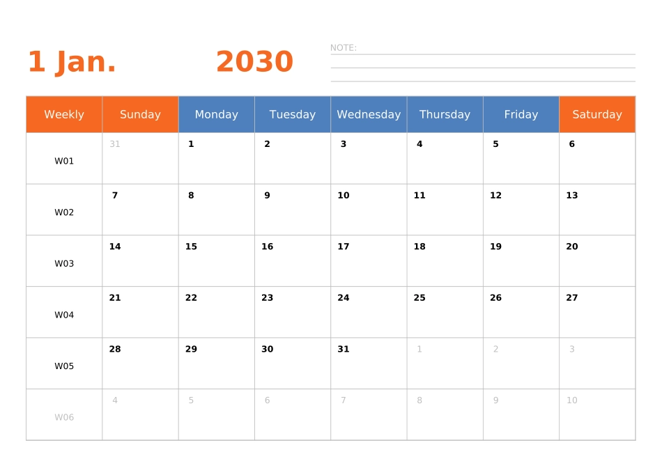 日历表2030年日历英文版横向排版周日开始带周数.xlsx_第1页