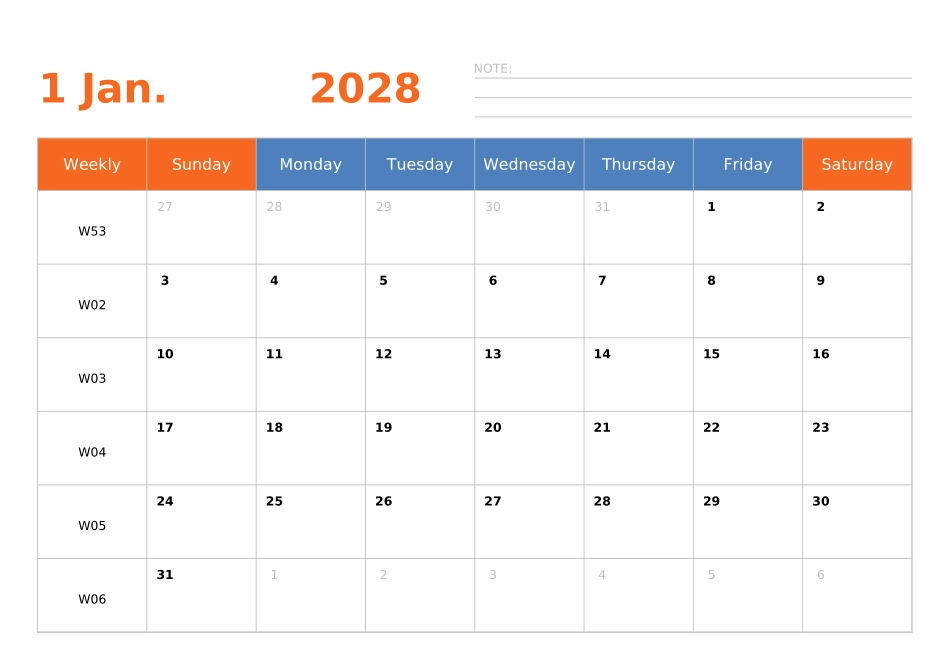 日历表2028年日历英文版横向排版周日开始带周数.xlsx_第1页
