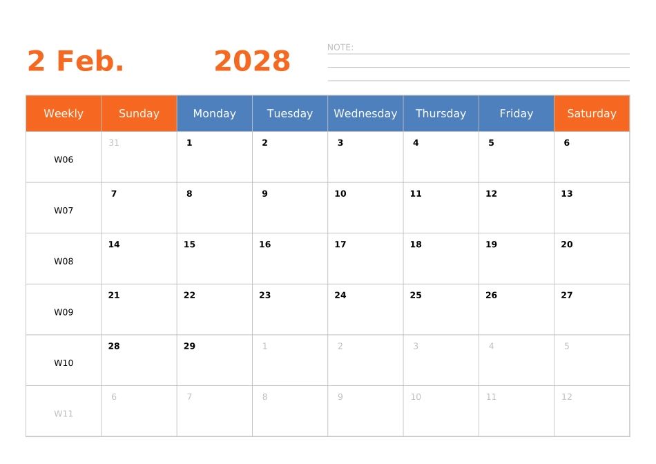 日历表2028年日历英文版横向排版周日开始带周数.xlsx_第2页