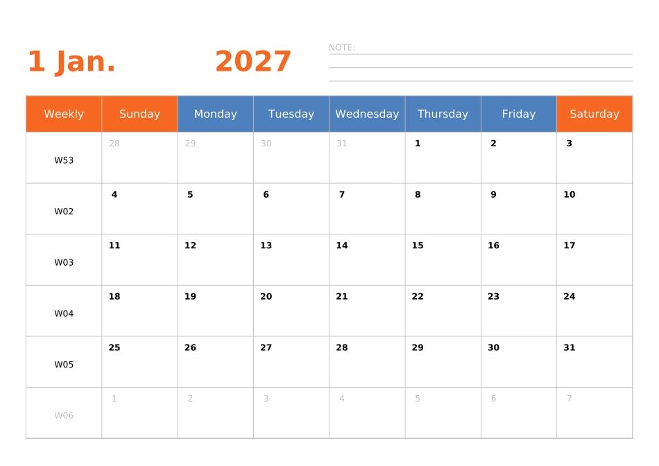 日历表2027年日历英文版横向排版周日开始带周数.xlsx_第1页