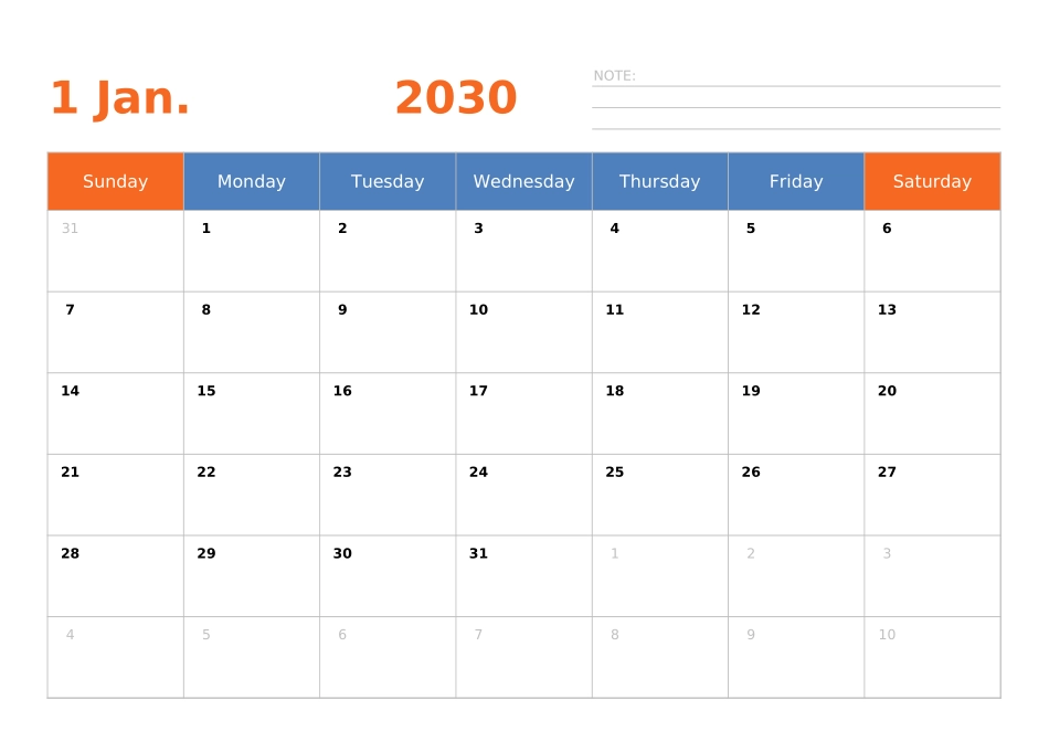 日历表2030年日历英文版横向排版周日开始.xlsx_第1页