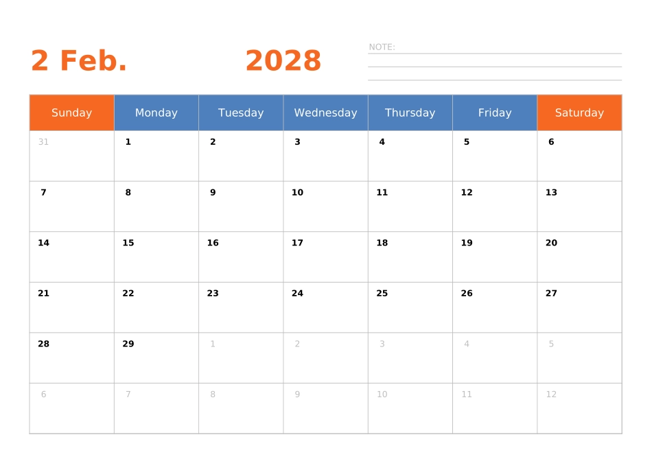 日历表2028年日历英文版横向排版周日开始.xlsx_第2页