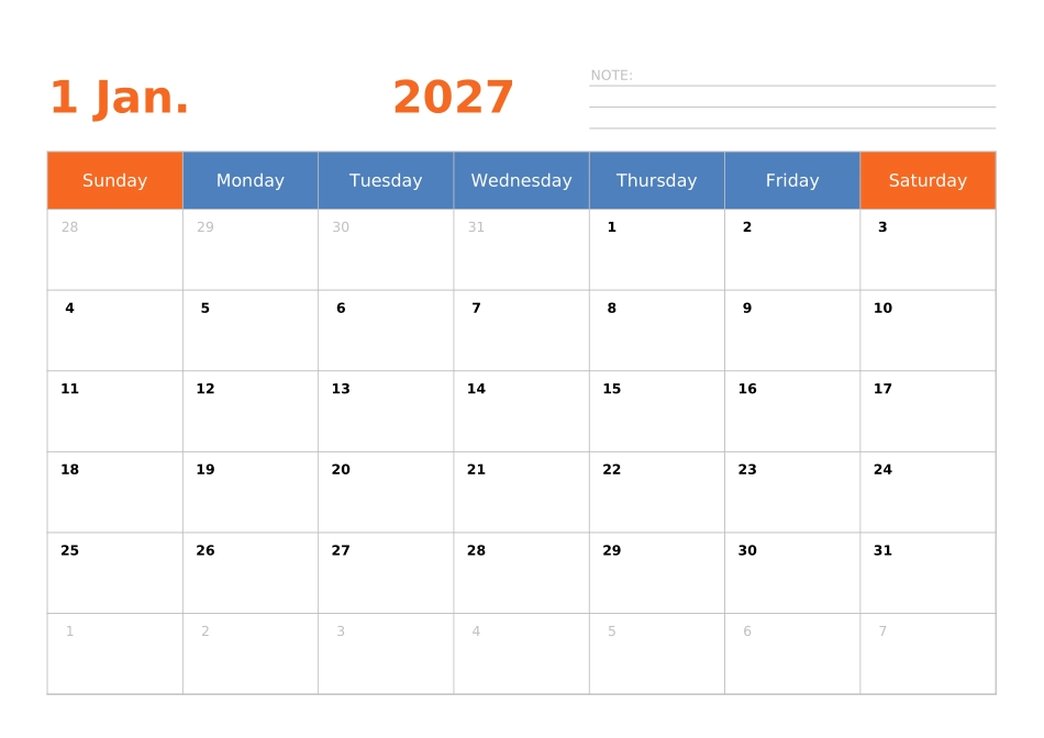 日历表2027年日历英文版横向排版周日开始.xlsx_第1页