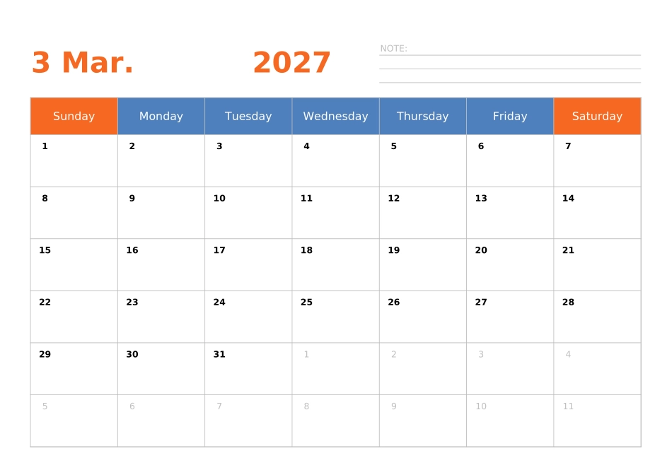 日历表2027年日历英文版横向排版周日开始.xlsx_第3页