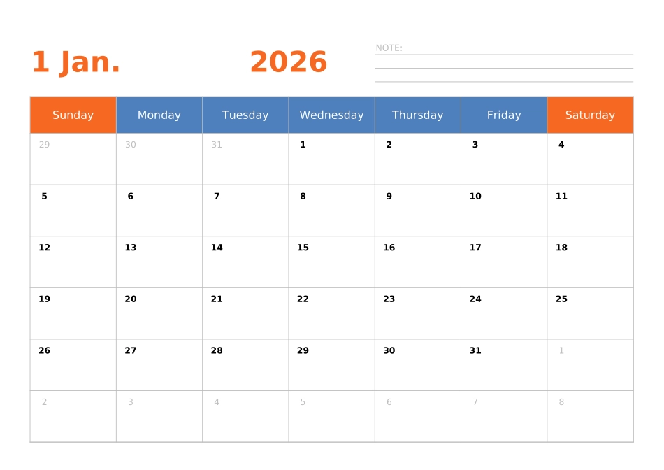 日历表2026年日历英文版横向排版周日开始.xlsx_第1页