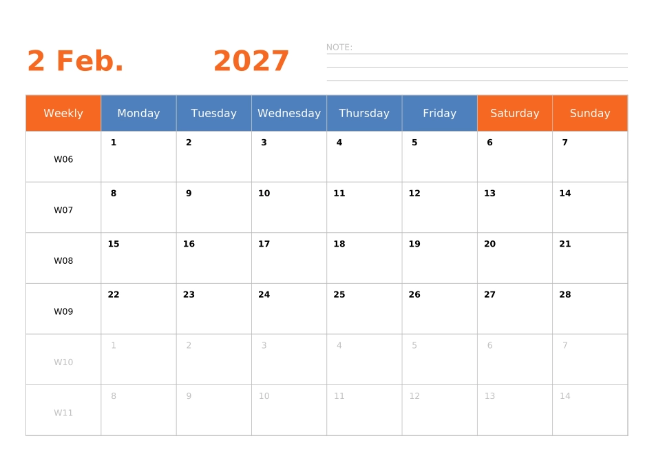 日历表2027年日历英文版横向排版周一开始带周数.xlsx_第2页