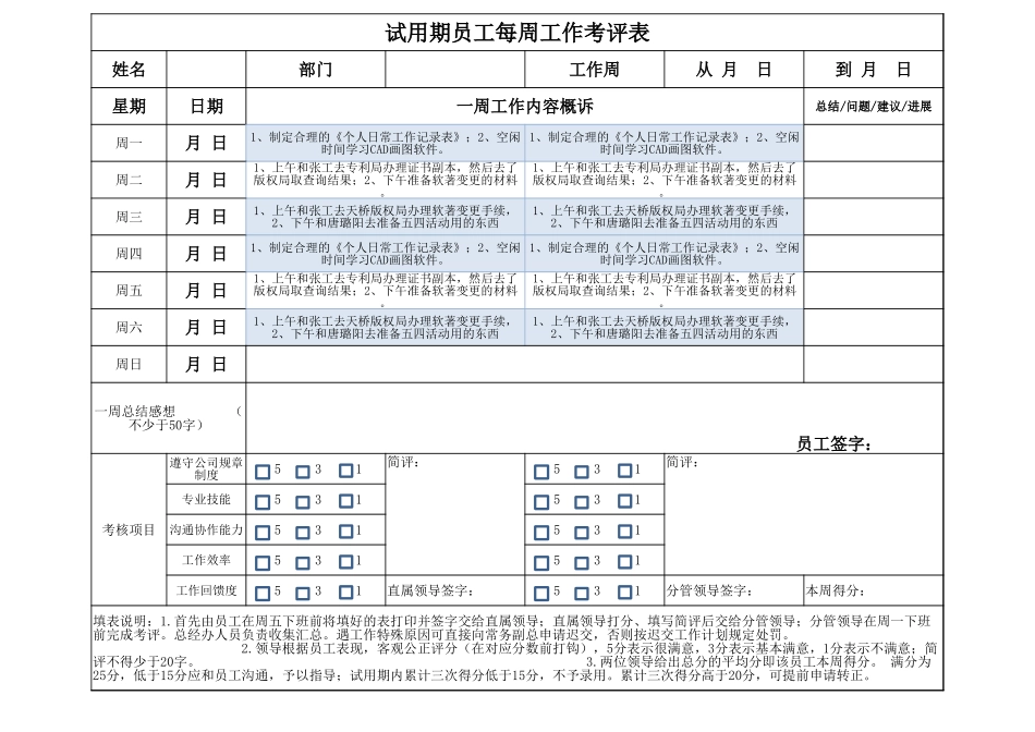 试用期员工每周工作考评表.xlsx_第1页