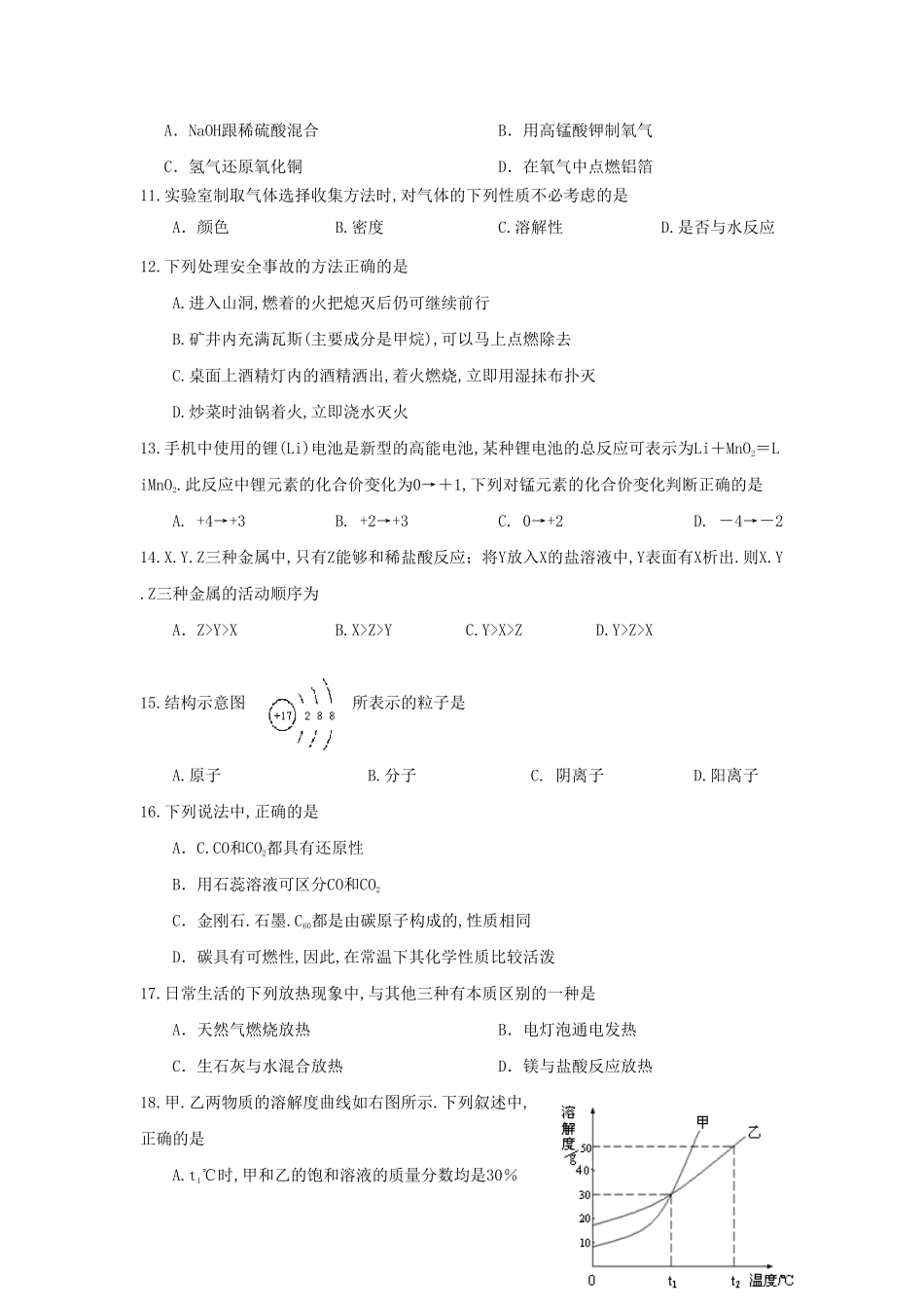 2024年安徽中考化学模拟试题及答案.pdf_第1页
