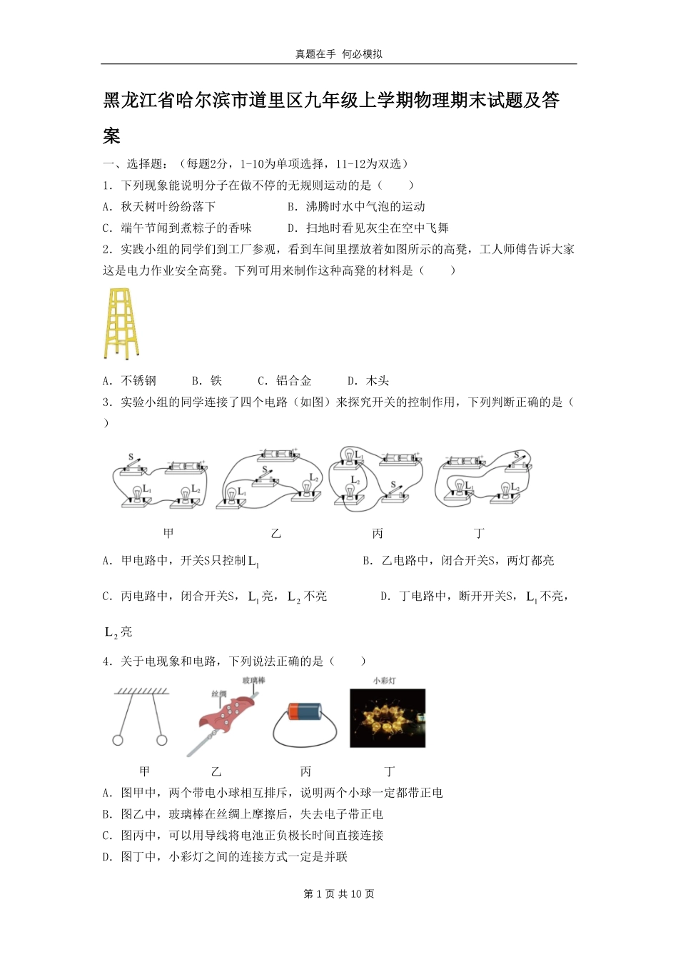 黑龙江省哈尔滨市道里区九年级上学期物理期末试题及答案.pdf_第1页