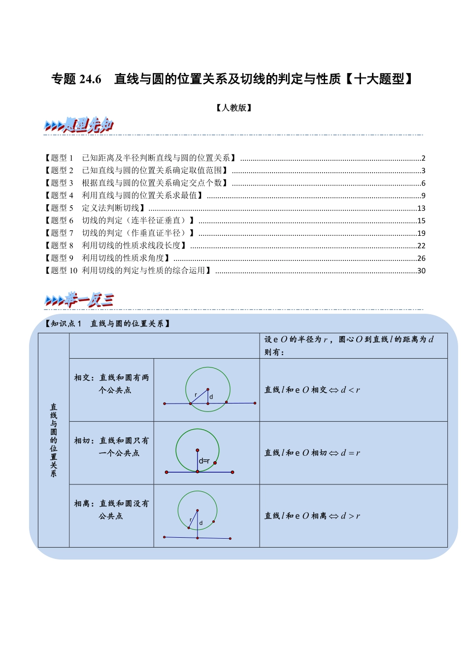 部编数学九年级上册专题24.6直线与圆的位置关系及切线的判定与性质【十大题型】人教版解析版含答案.pdf_第1页