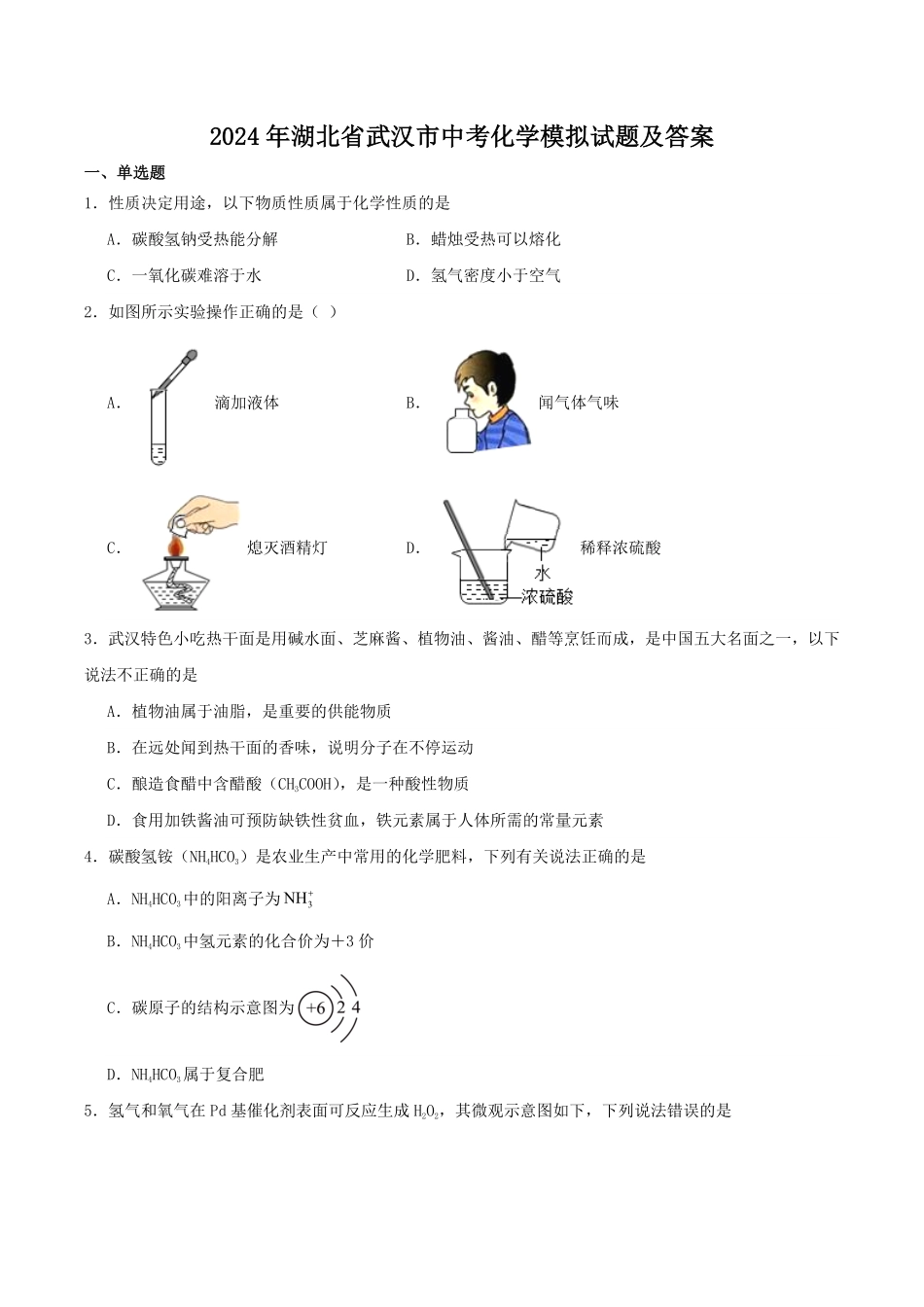 2024年湖北省武汉市中考化学模拟试题及答案.pdf_第1页