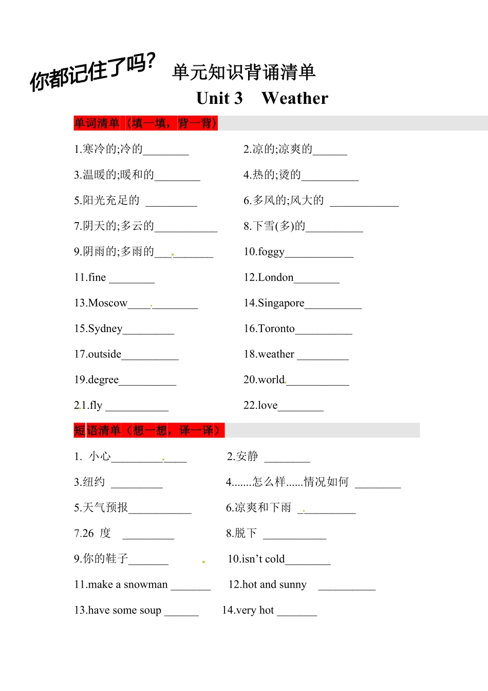 【挖空式】四年级英语下册单元知识背诵清单Unit3Weather人教PEP(三起)-含答案.pdf_第1页
