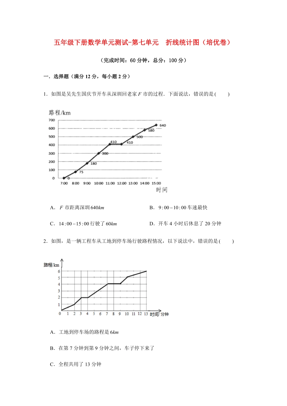 【分层训练】五年级下册数学单元测试第七单元折线统计图培优卷人教版-含答案.pdf_第1页