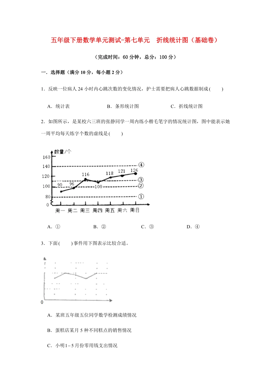 【分层训练】五年级下册数学单元测试第七单元折线统计图基础卷人教版-含答案.pdf_第1页