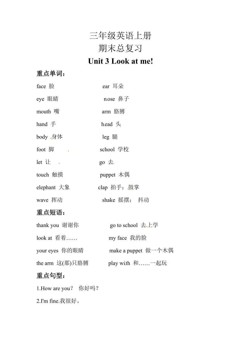 【期末复习】三年级英语上册知识梳理+巩固练习Unit3Lookatme人教PEP(三起)-含答案.pdf_第1页