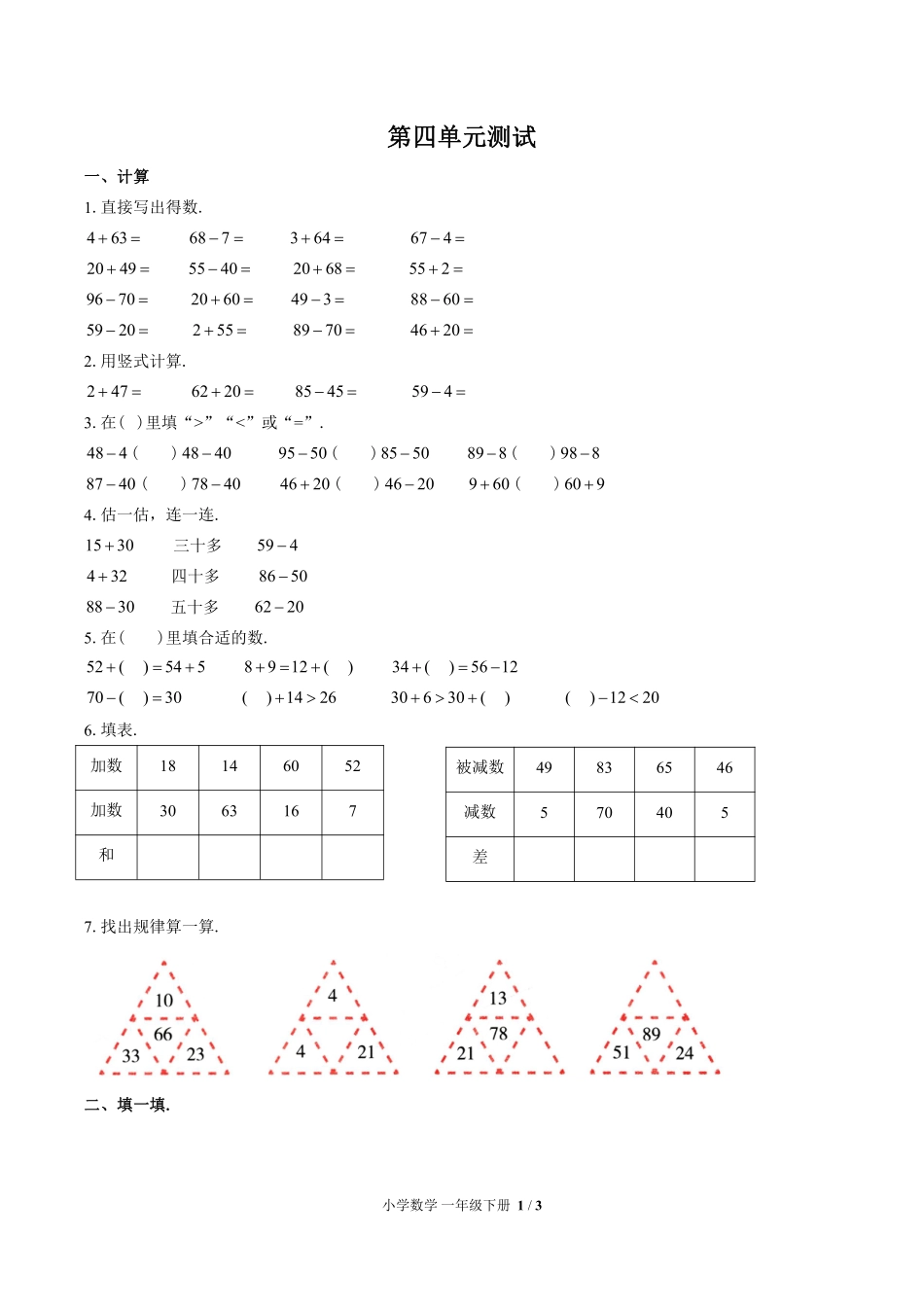 苏教版小学数学一年级下册第四单元测试试卷含答案01.pdf_第1页