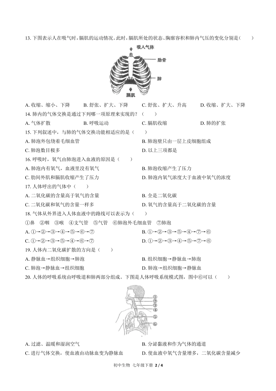 人教版初中生物七年级下册第四单元第三章综合测试01含答案解析.pdf_第2页