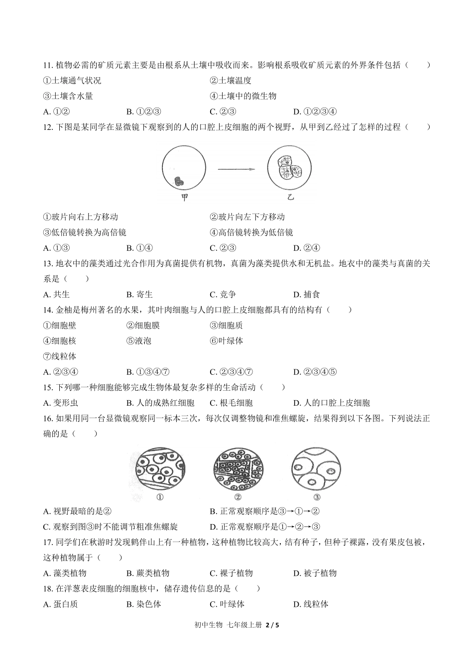 人教版初中生物七年级上册期末测试01含答案解析.pdf_第2页