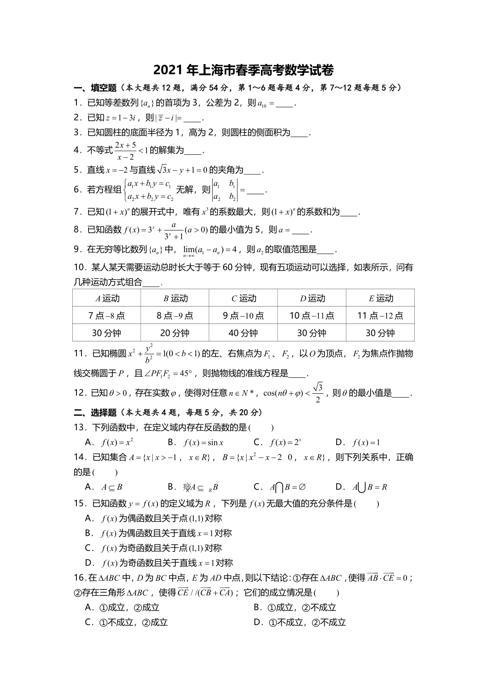 数学●上海卷丨2021年1月普通高等学校招生全国统一考试数学试卷及答案.pdf_第1页