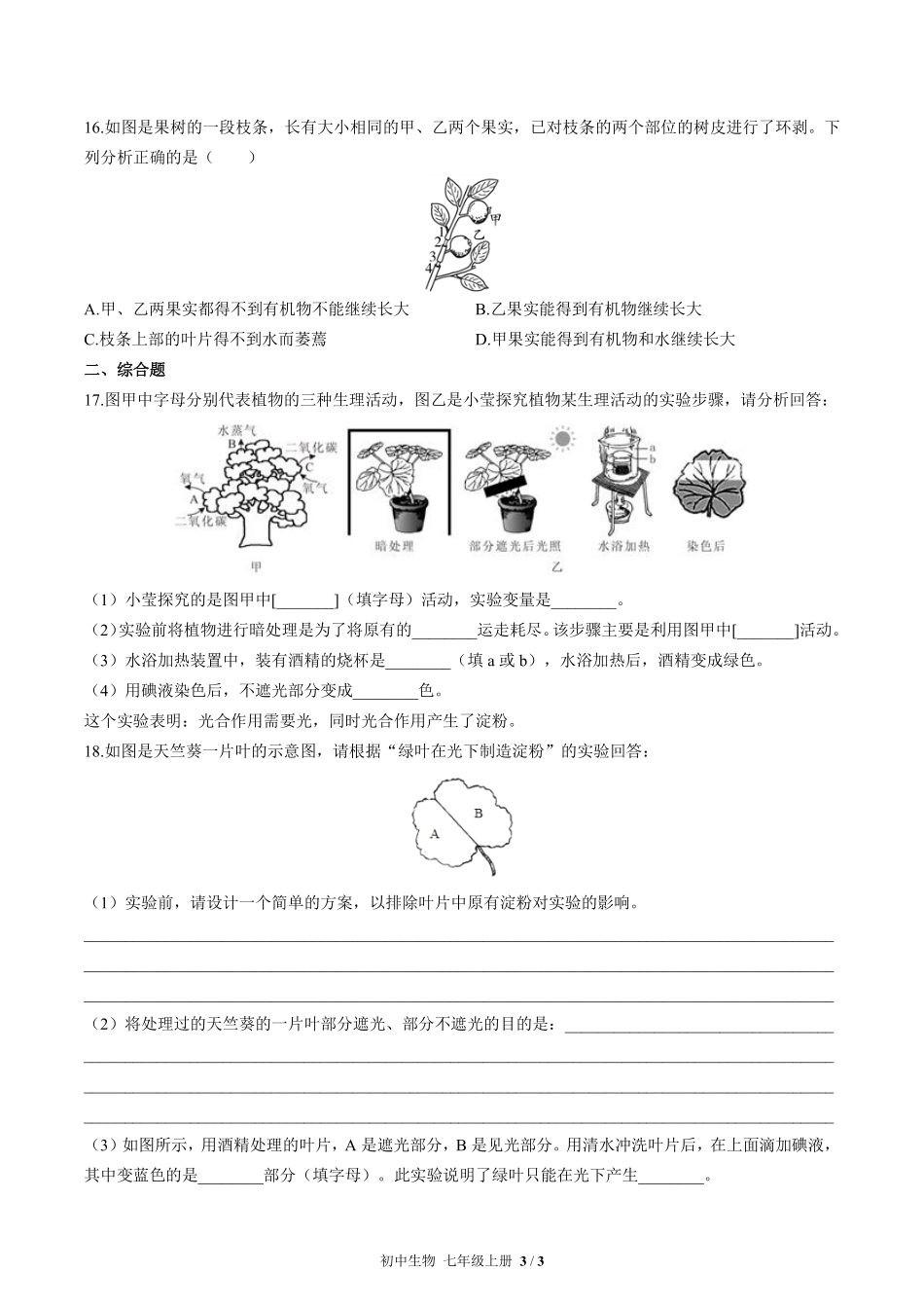 人教版初中生物七年级上册第三单元第四章综合测试01含答案解析.pdf_第3页