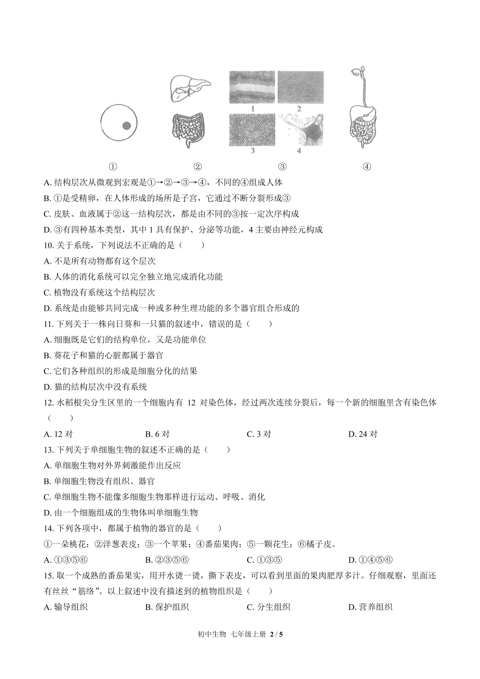 人教版初中生物七年级上册第二单元第二章综合测试03含答案解析.pdf_第2页