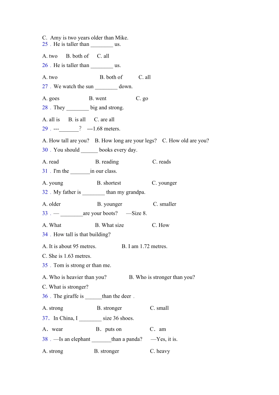 人教PEP版英语语法练习六年级下册专项突破练习-Unit1Howtallareyou含答案.pdf_第3页