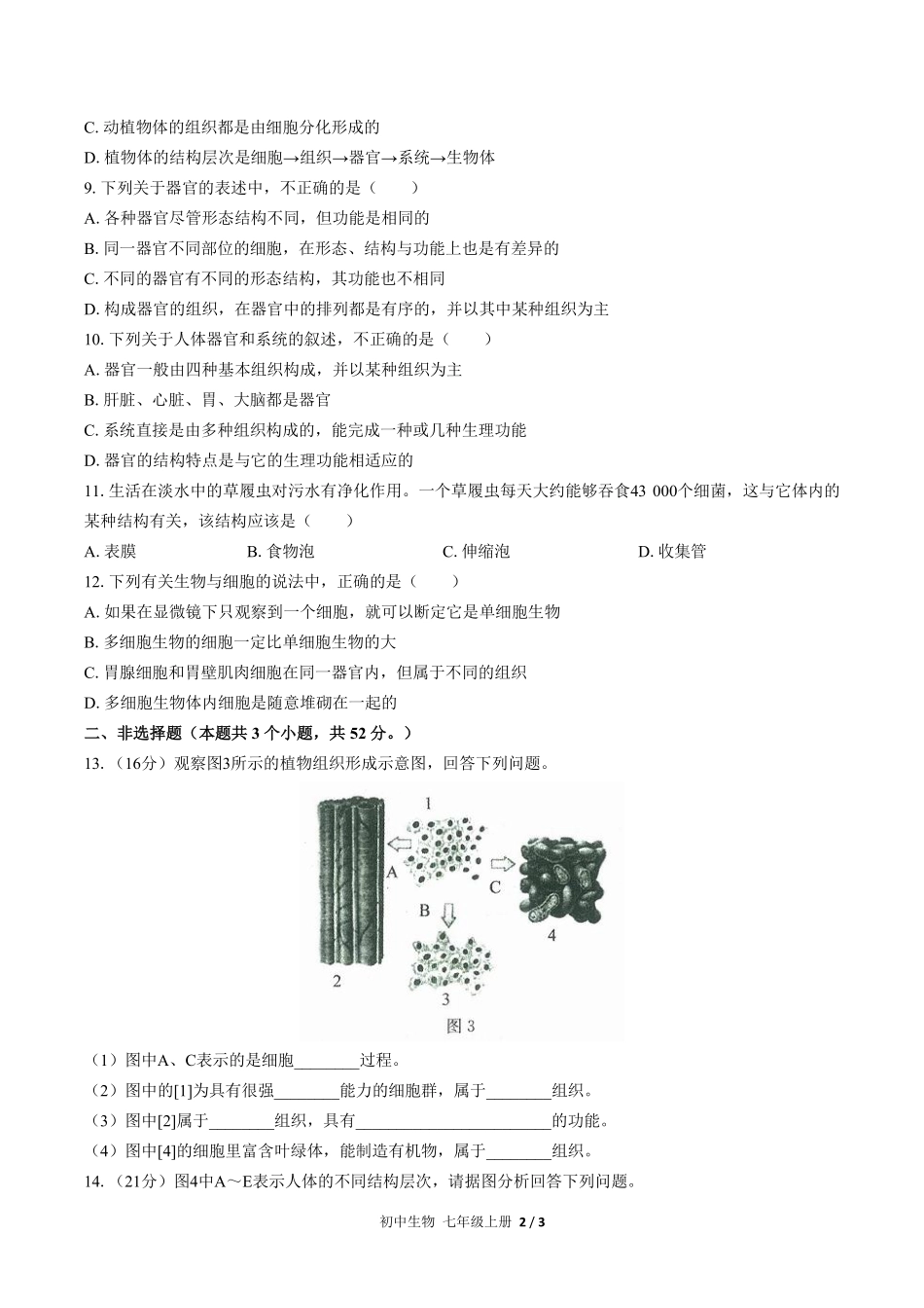 人教版初中生物七年级上册第二单元第二章综合测试01含答案解析.pdf_第2页
