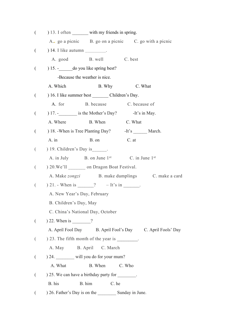 人教PEP版英语五年级下册期末专项卷-单选含答案.pdf_第3页