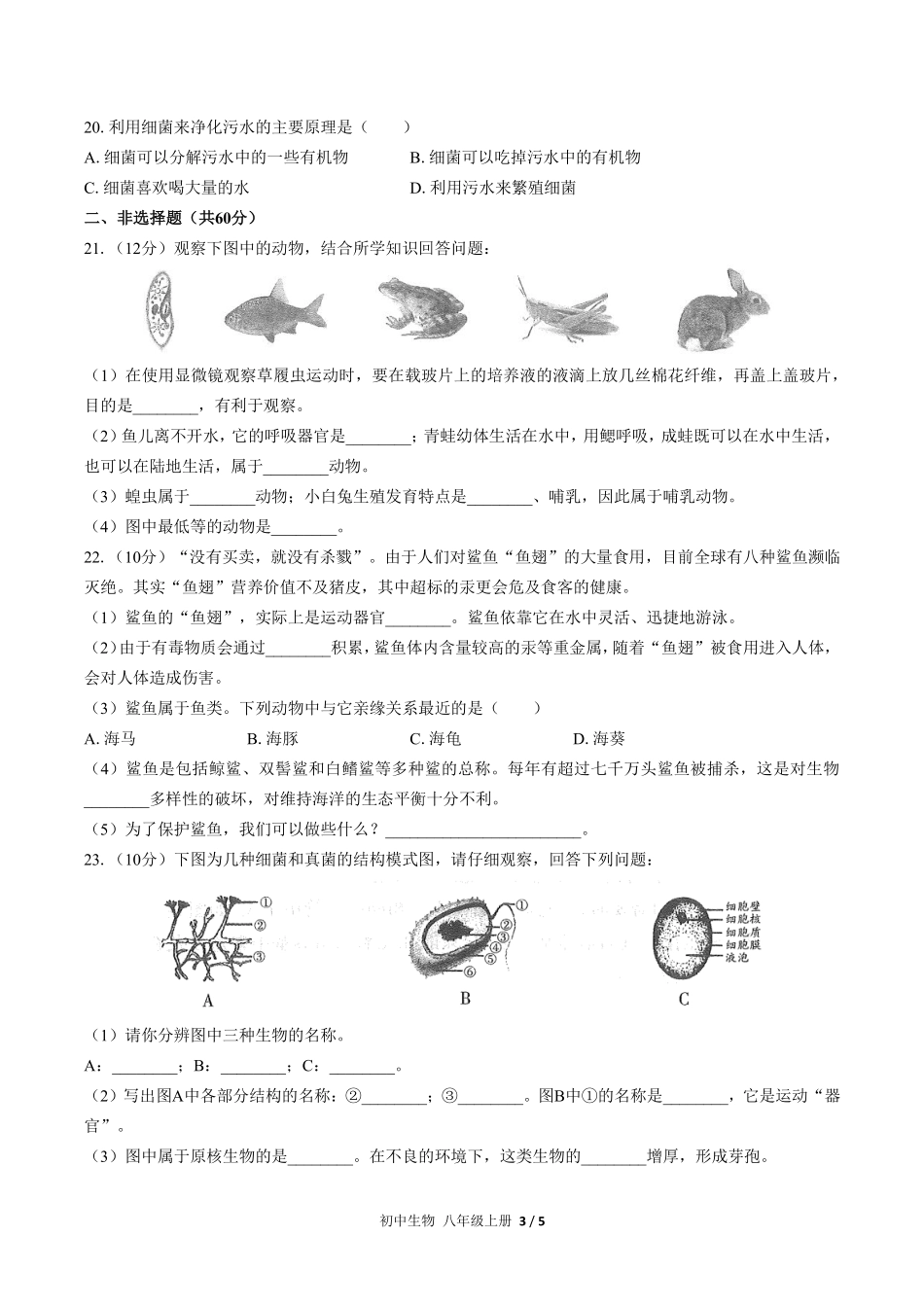 人教版初中生物八年级上册期末测试02含答案解析.pdf_第3页