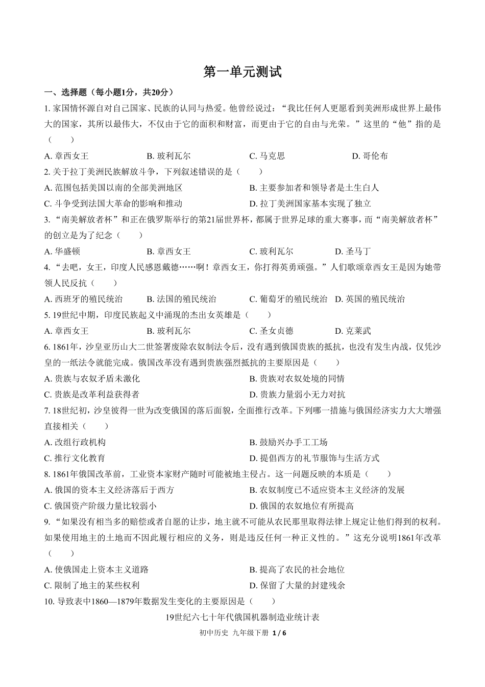 人教版部编版初中历史九年级下册第一单元测试02含答案解析.pdf_第1页