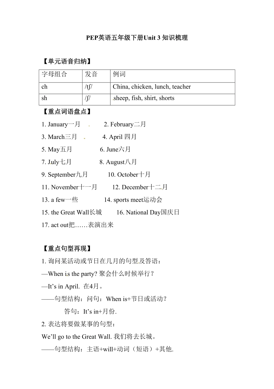 人教PEP版英语五年级下册单元知识梳理-Unit3Myschoolcalendar含答案.pdf_第1页