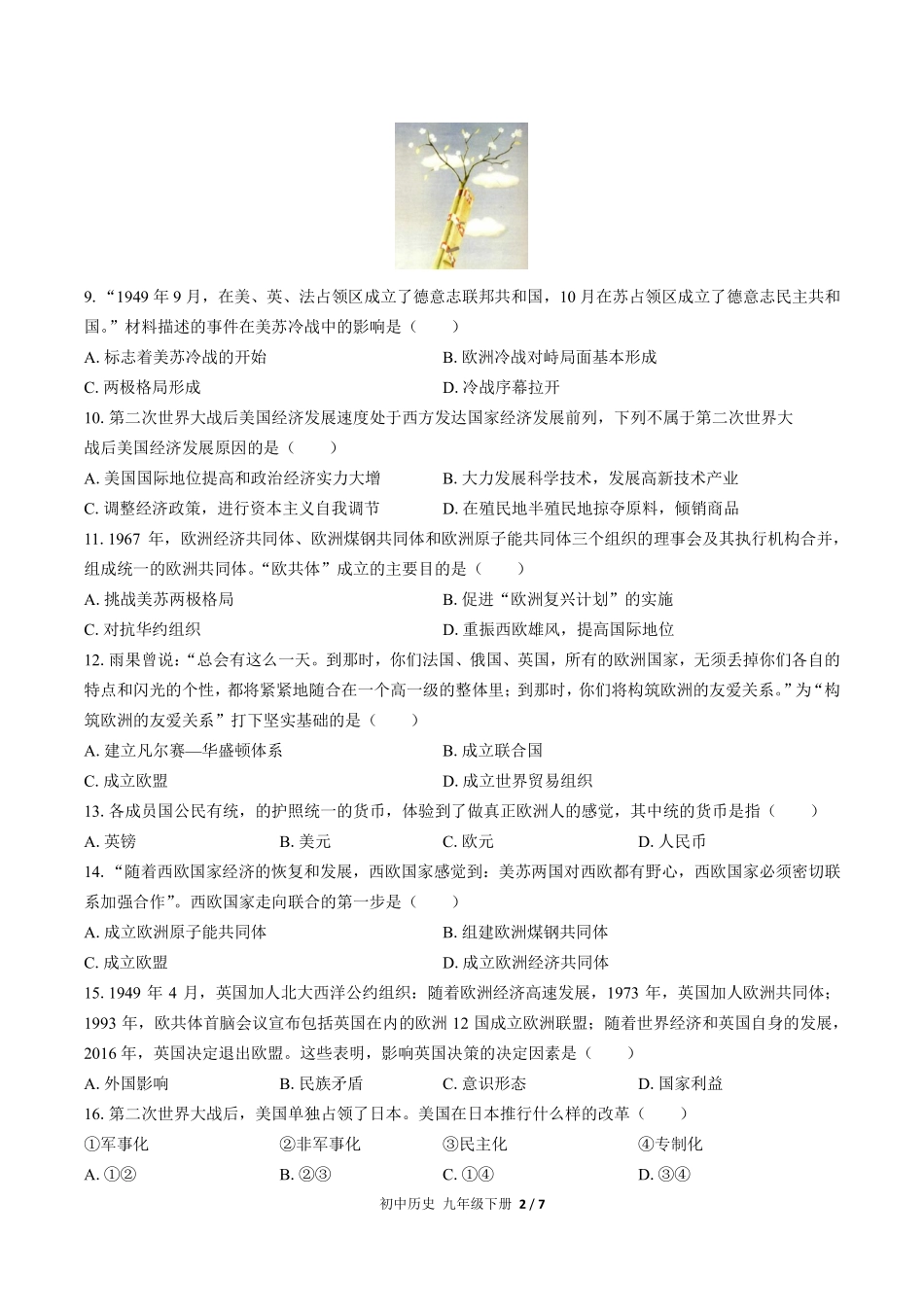 人教版部编版初中历史九年级下册第五单元测试01含答案解析.pdf_第2页