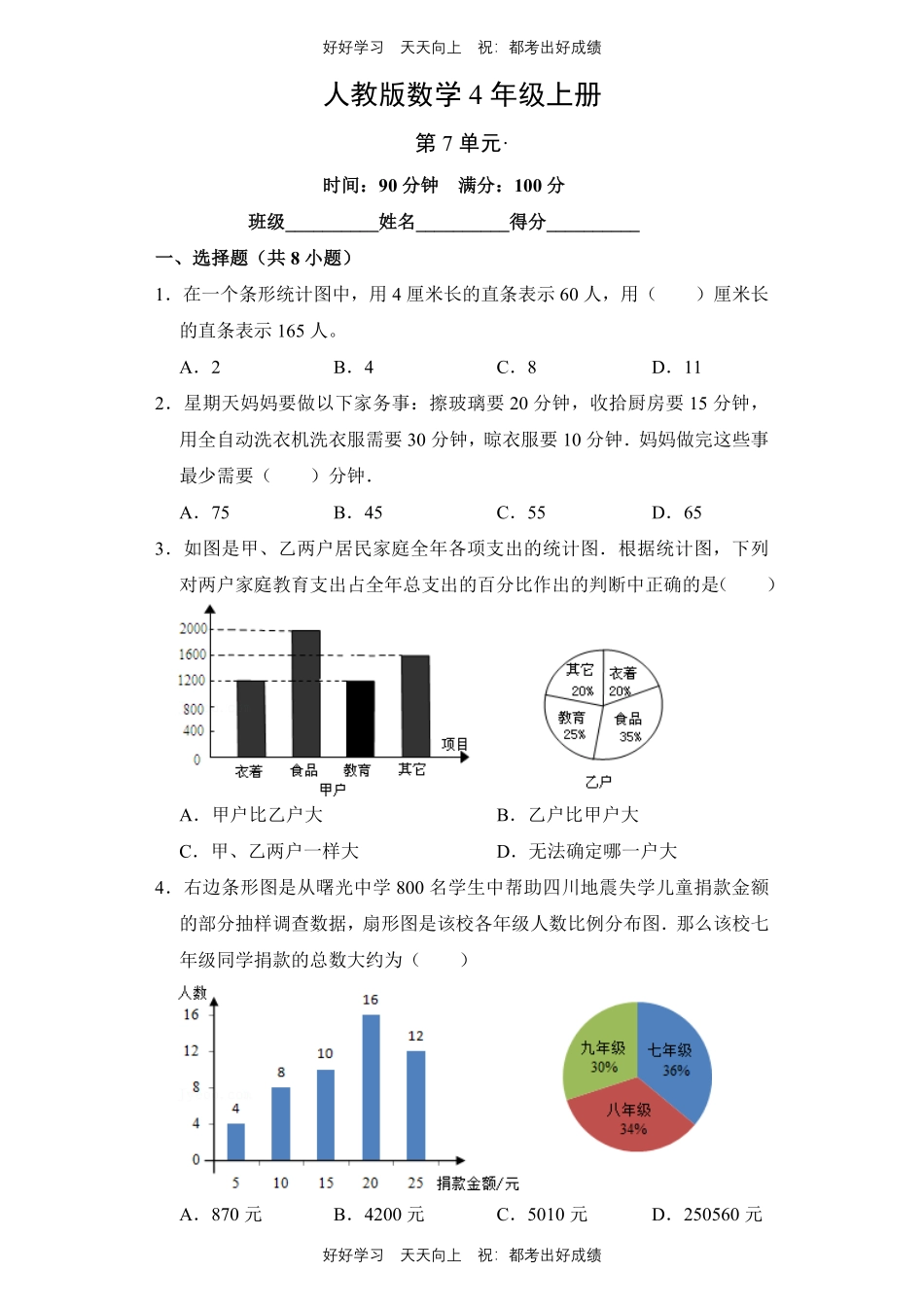 人教版数学四年级上册第七单元测试试卷含答案1.pdf_第1页