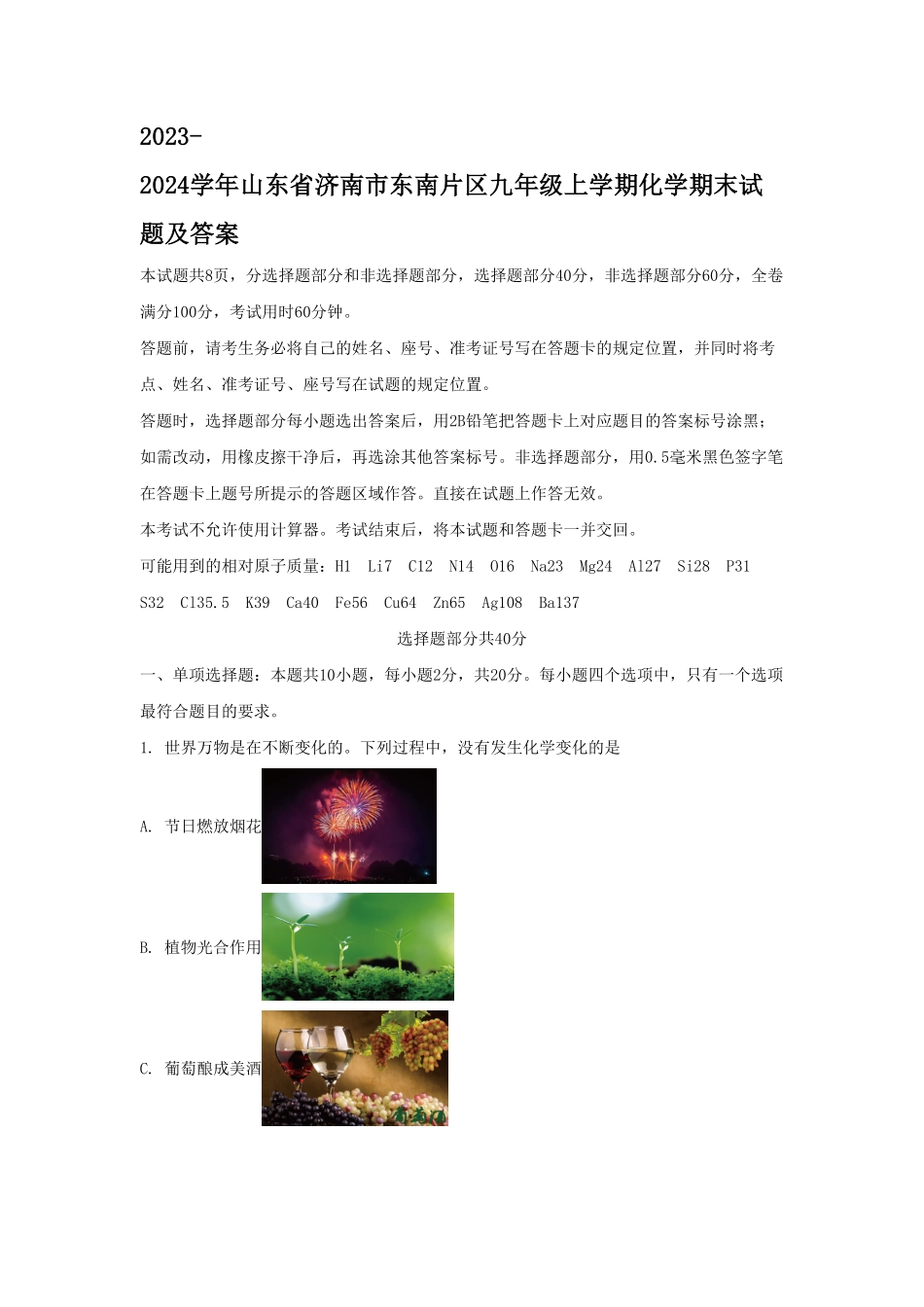 山东省济南市东南片区九年级上学期化学期末试题及答案.pdf_第1页