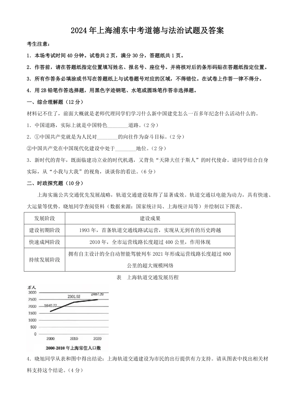 2024年上海浦东中考道德与法治试题及答案.pdf_第1页