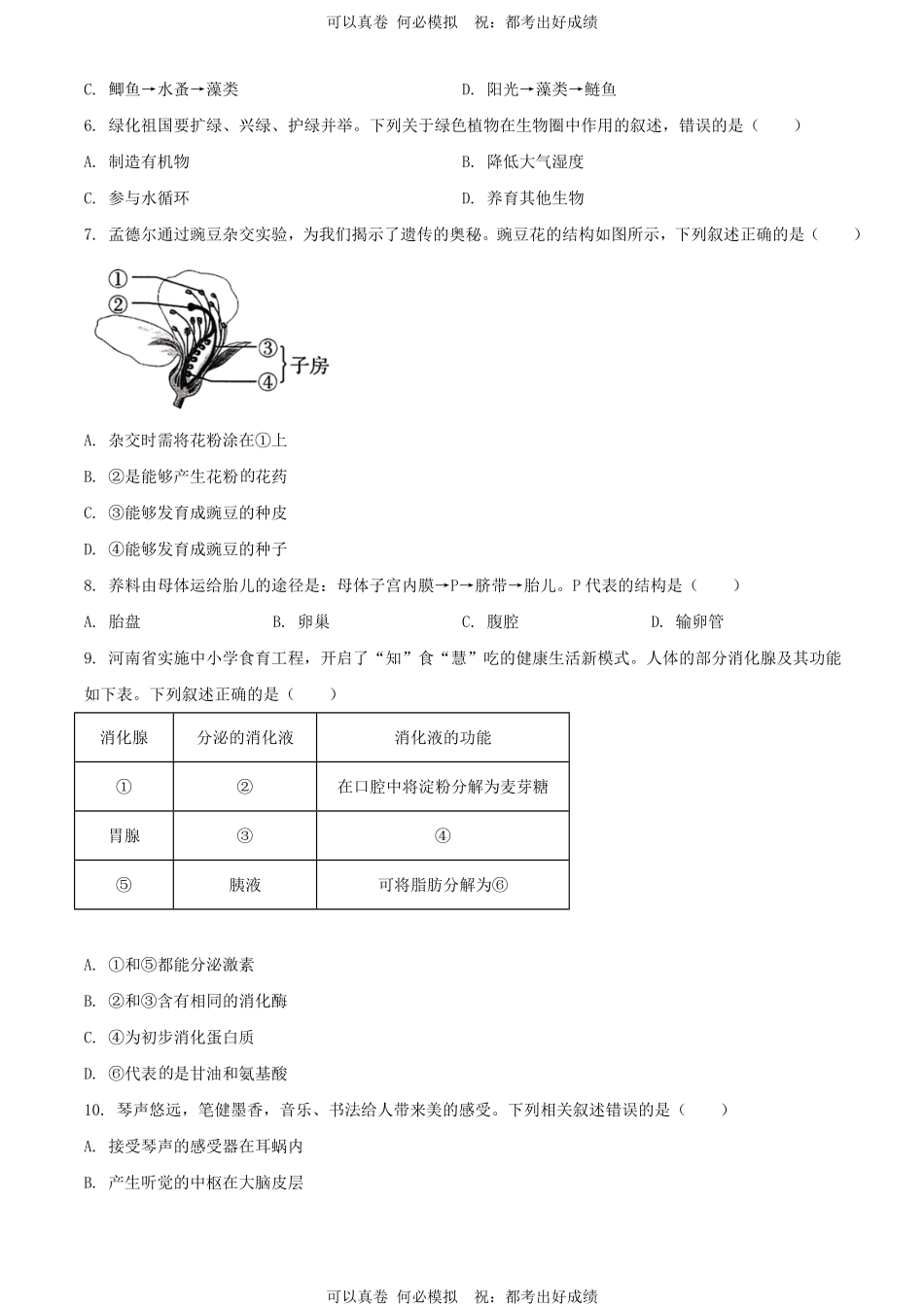 2024年河南驻马店中考生物试题及答案.pdf_第2页