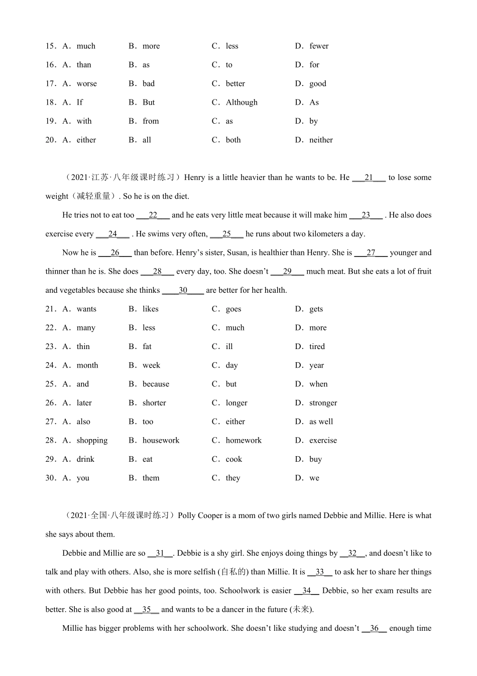 Unit3单元话题完形填空专项练习八年级英语上册单元重难点易错题精练人教版含答案.pdf_第2页