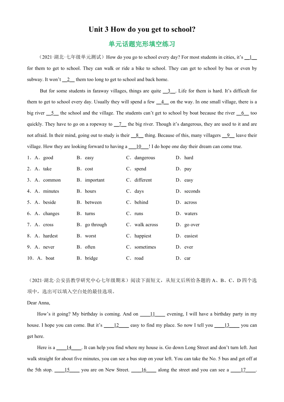 Unit3单元话题完形填空练习七年级英语下册单元重难点易错题精练人教版含答案.pdf_第1页