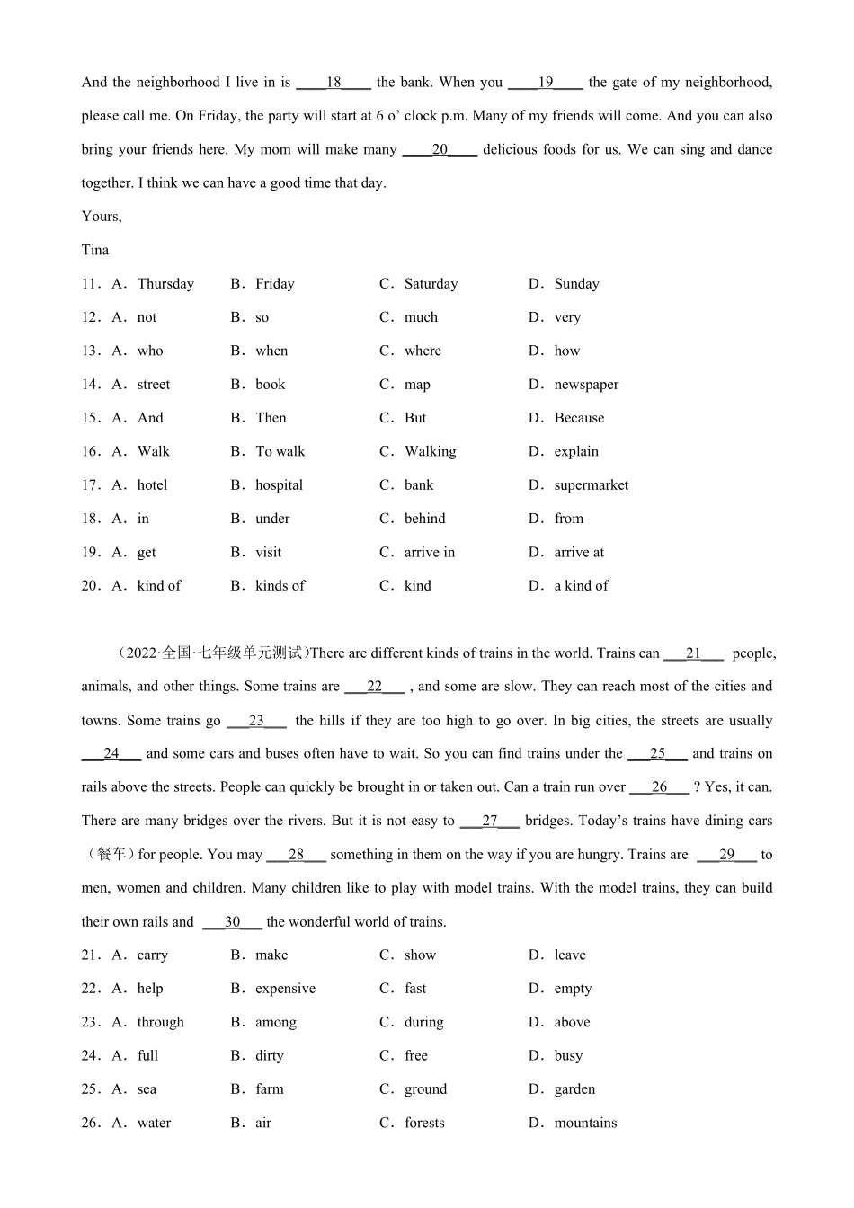 Unit3单元话题完形填空练习七年级英语下册单元重难点易错题精练人教版含答案.pdf_第2页