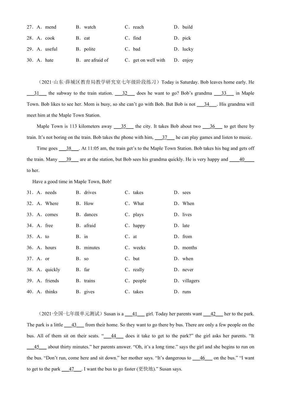 Unit3单元话题完形填空练习七年级英语下册单元重难点易错题精练人教版含答案.pdf_第3页